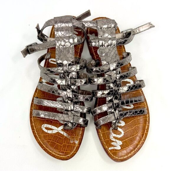 Sam Edelman GILDA Gunmetal Silver Snakeskin Open Toe Buckle Gladiator Sandals - Picture 7 of 10